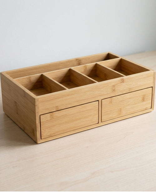Woodt Bamboo Desktop Organizer with 2 Drawers and 5 Upper Compartments - Lifestyle view
