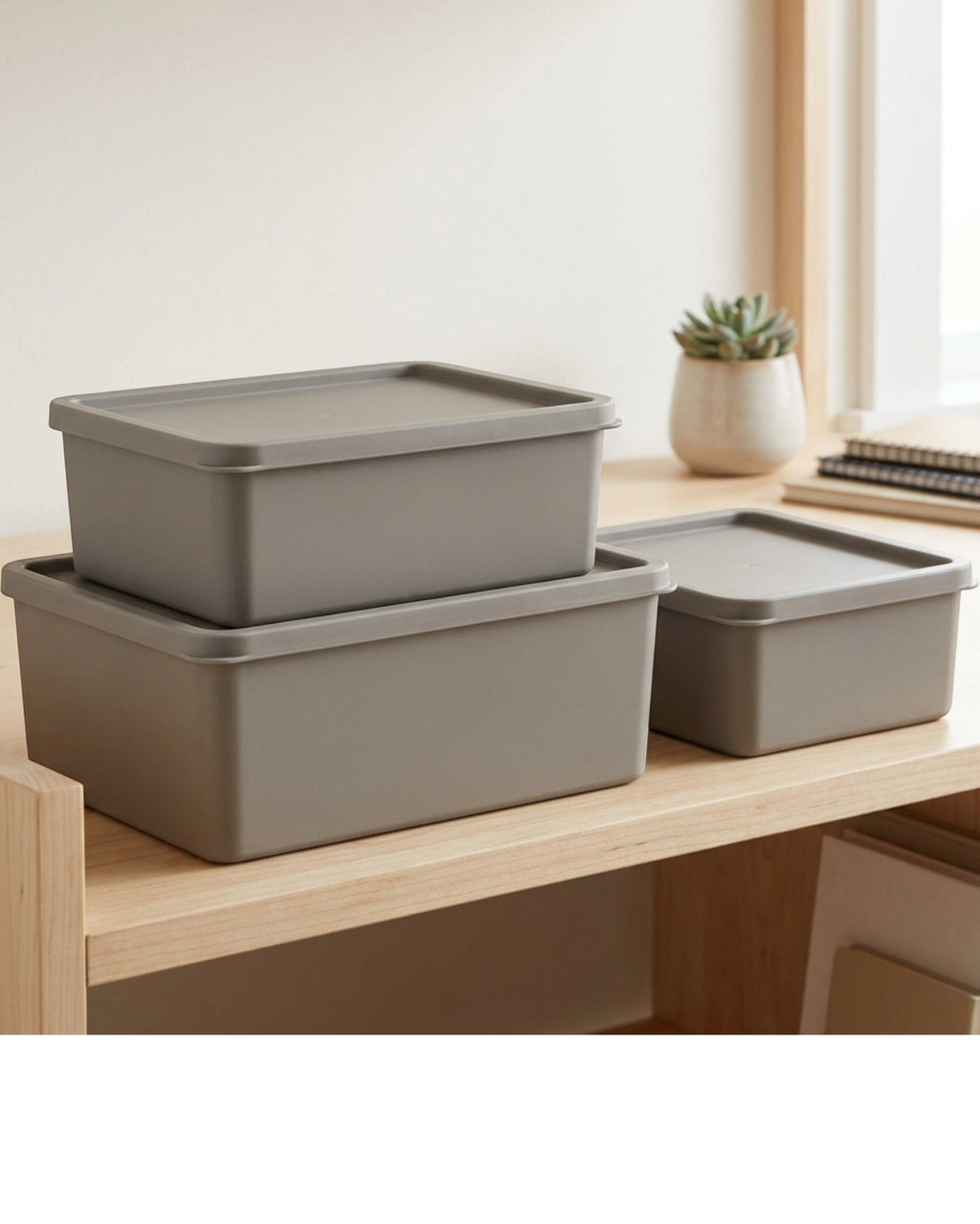 Woodt Stackable Desktop Storage Boxes Warm Gray Set of 3 - Lifestyle view